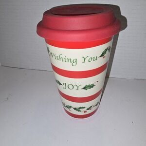 Lenox Holiday Dimension Ceramic Travel Tumbler Red Silicone Lid Wishing You Joy‎